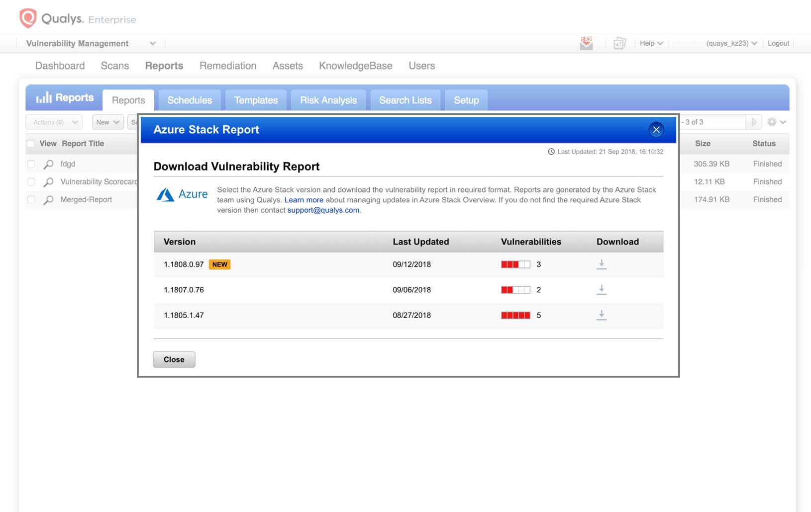 Qualys Vulnerability Management - Azure Stack Report window