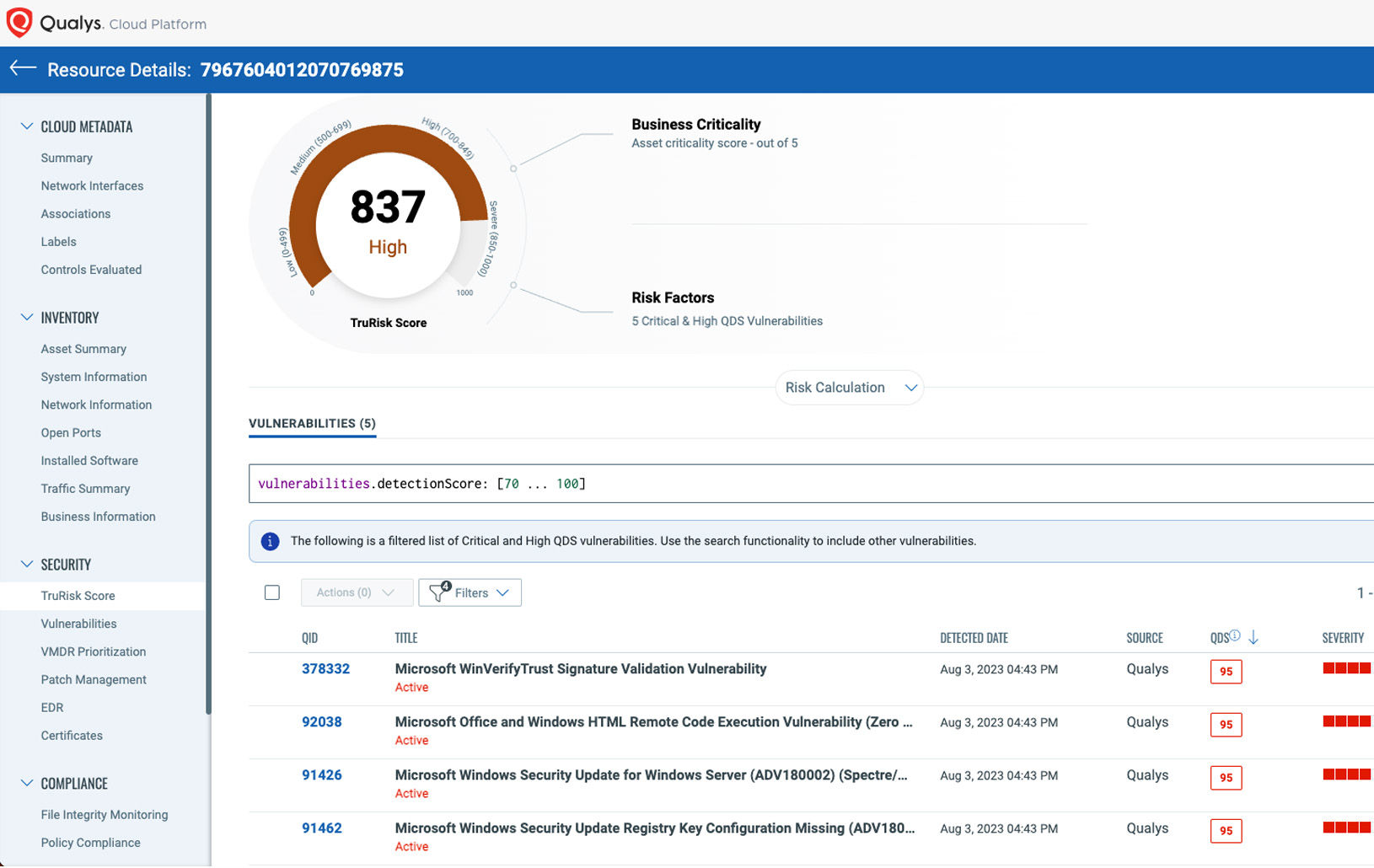 Qualys AssetView - Oracle Cloud Workload Security: Vulnerabilities view